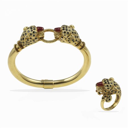 Demi-parure a soggetto animalier composto da bracciale rigido ed anello con smalti policromi