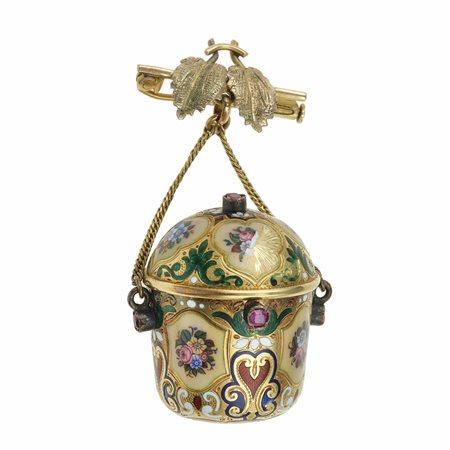 Spilla con pendente porta sali con smalti policromi e piccoli rubini