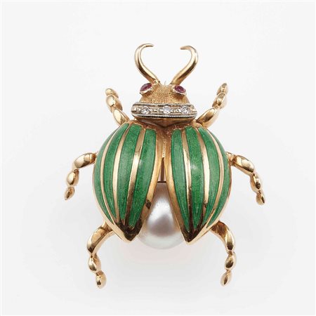 Spilla animalier con smalti, diamanti, piccoli rubini e perla coltivata