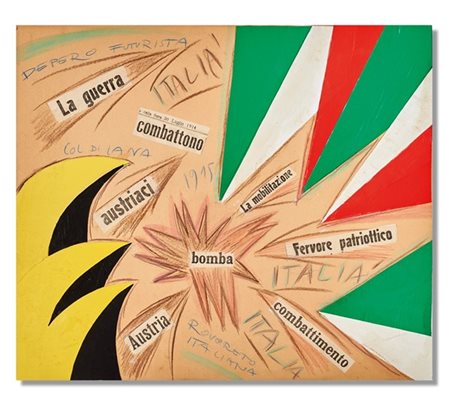 Fortunato Depero "Guerra! Italia! (opera interventista)" 1915
collage di carte c