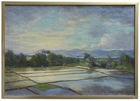 CAREL LODEWIJK DAKE JUNIOR (1886-1946) Paesaggio Sawah con un vulcano sullo...