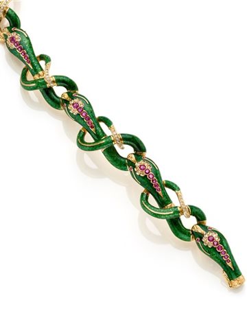 Bracciale articolato a guisa di serpenti annodati in oro giallo, smalto verde g