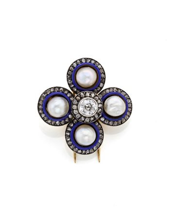 Spilla a quadrifoglio in oro, argento, perle e diamante old mine di ct. 0,40 ci