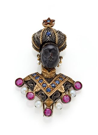 NARDI
Spilla moretto in oro giallo, argento, perle e rubini, piccoli zaffiri e