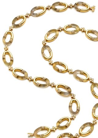 MICHELETTO
Lunga catena in quarzo ialino satinato, diamanti e oro giallo divisi