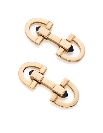 Gemelli in oro giallo con piccoli zaffiri cabochon, g 10,57 circa, lungh. cm 1,