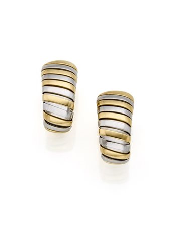 BULGARI
Orecchini tubogas acciaio e oro giallo, g 17,92 circa, lungh. cm 2,40 c