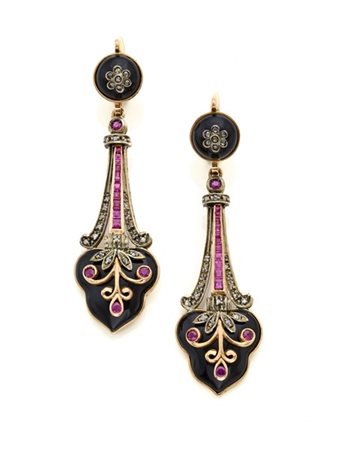 Orecchini pendenti in oro giallo e rosso 585/1000 con onice, diamanti a mezza r