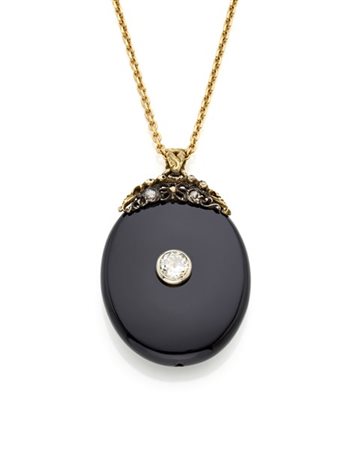 Lunga catenina in oro giallo con pendente porta foto in onice con oro e argento