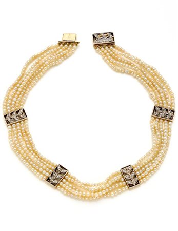 Collier a cinque fili di perle da mm 2,4 a mm 3,4 circa con distanziatori e chi