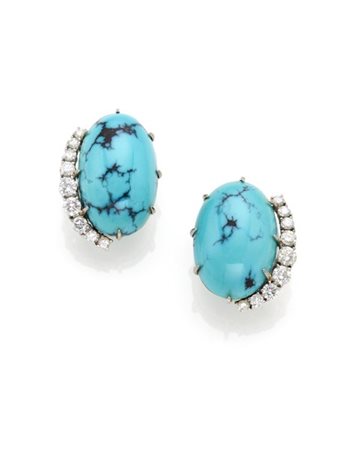 Orecchini a clip in oro bianco con turchese cabochon e diamanti, g 14,62 circa,