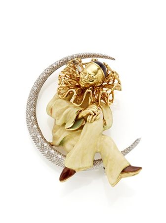 Broche/pendente in oro giallo e bianco a guisa di Pierrot rifinito con diamanti