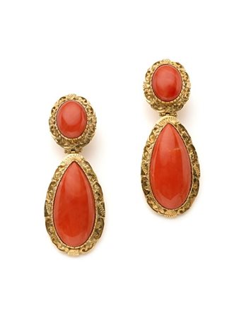 Orecchini pendenti con perno e clip in oro giallo con corallo arancione/rossast