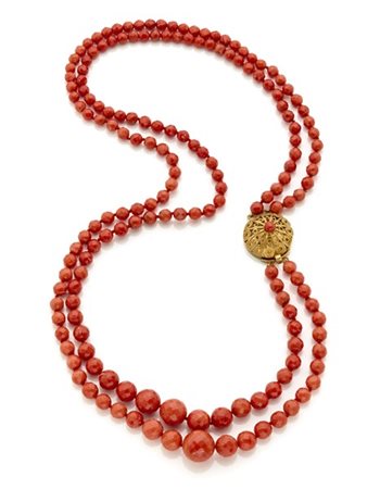 Collier a due fili di boule sfaccettate in corallo arancione con chiusura in ar