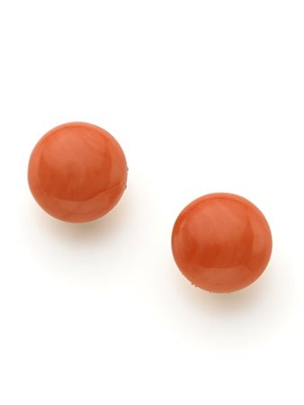 Orecchini a lobo con clips in oro giallo e corallo arancione a bottone di mm 24