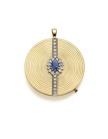 Spilla/pendente rotondo in oro giallo e bianco, diamanti e zaffiro ovale di ct.