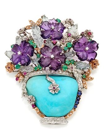 Broche floreale in oro bianco e giallo con fiori e foglie in ametiste e acquama