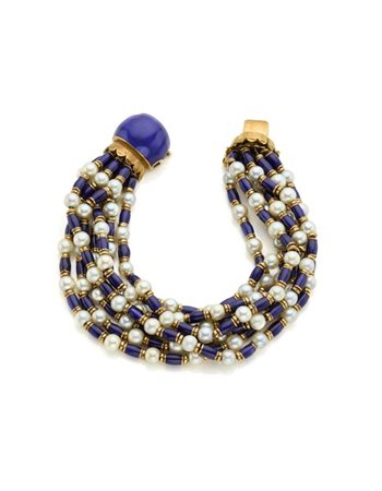 Bracciale a sette fili in oro giallo, perle e barilotti rifiniti in smalto blu,