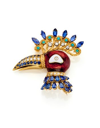 Spilla a guisa di tucano in oro giallo, diamanti, zaffiri, turchesi e rifinita