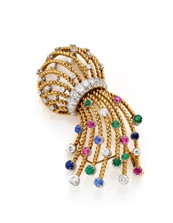 ILLARIO
Spilla cestino in oro giallo e platino con diamanti e pietre varie, g 1