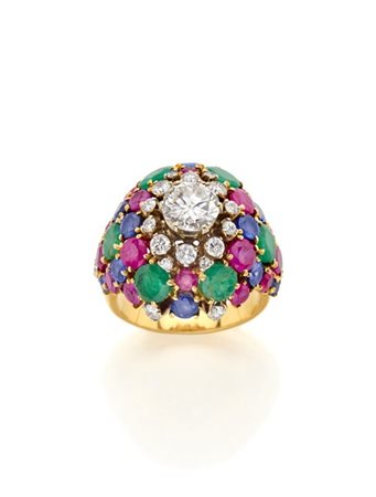 Anello in oro giallo a cupola con rubini, zaffiri, smeraldi e diamanti, diamant