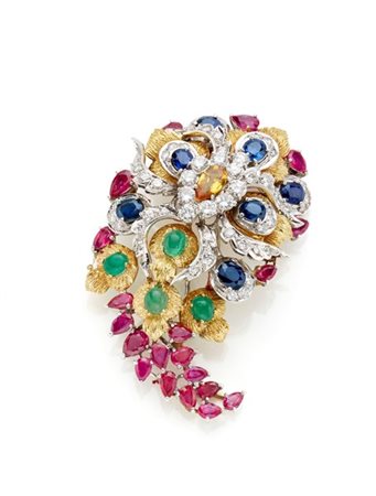 Spilla in oro giallo e bianco cesellato con diamanti per complessivi ct. 2,40 c