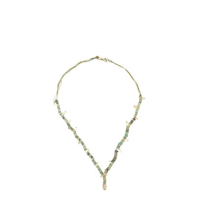 SOTTILE COLLANA IN FAIENCE verde, bianca e azzurra con vaghi circolari ed...