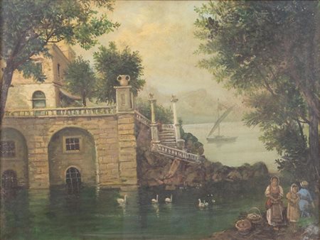 Maestro del XX secolo. "Paesaggio". Olio su tela. Cm 87,5x68,4.