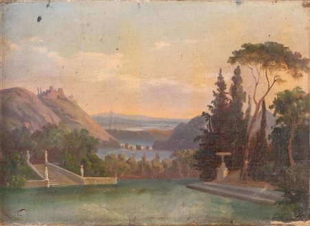 Maestro del XIX secolo. "Paesaggio". Olio su tela. Cm 26x37,3.