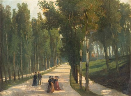 Pittore anonimo del XX secolo. "Passeggiata". Olio su tela. Cm 31,8x42. Sul...