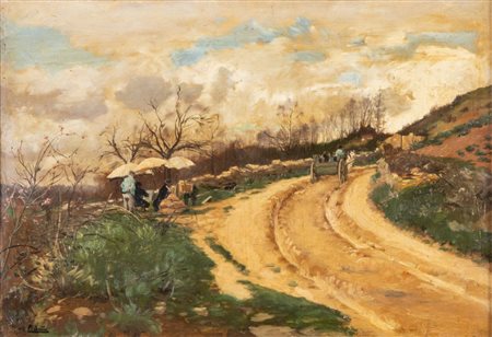 PAUL SAIN (Avignone 1853 - 1908) "Il cammino". Olio su tela. Cm 38,5x53,5....