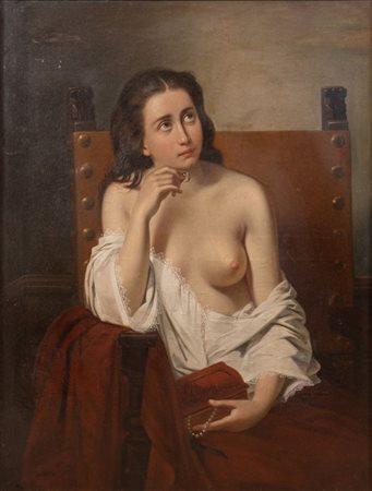 Maestro del XIX secolo. "Ritratto di donna seduta". Olio su tela. Cm 103,5x78.