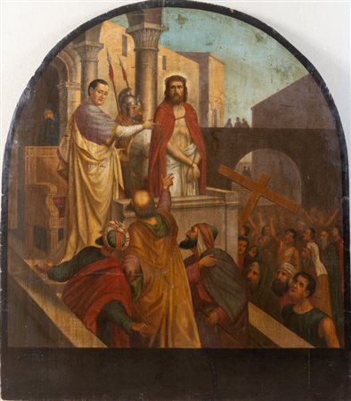 Maestro del XIX secolo. "Ecce homo". Olio su tavola. Cm 140 x 124,5.