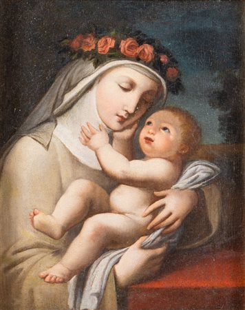 Maestro del XVIII secolo. "Santa Rita con bambino". Olio su tela. Cm 39x32.