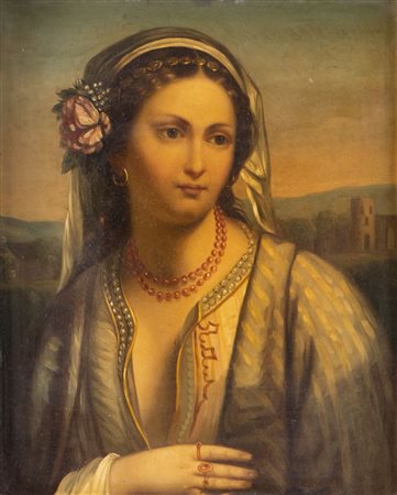 Maestro del XIX secolo. "Ritratto di donna". Olio su metallo. Cm 25,5x19,5.