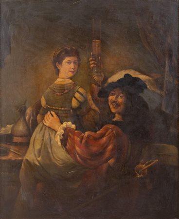 Pittore del XX secolo. "Scena d'interno". Olio su tela. Cm 130x107,3. Copia...