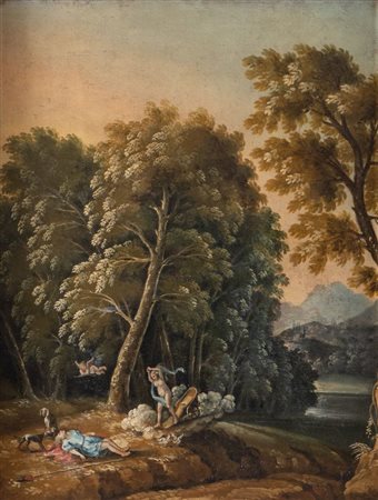 Pittore anonimo del XX secolo. "Paesaggio bucolico con figure". Olio su tela....