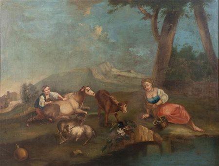 Maestro del XVIII secolo. "Pastorale". Olio su tela. Cm 96x125,5.