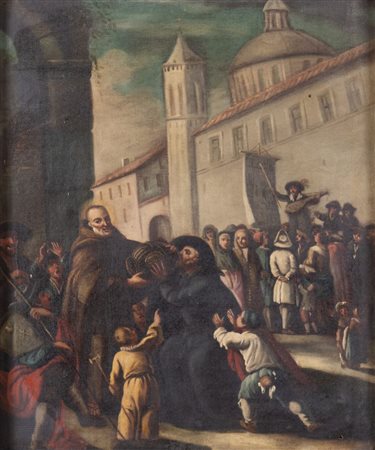 Maestro del XVIII secolo. "Scena popolare con santo". Olio su tela. Cm 63x53....