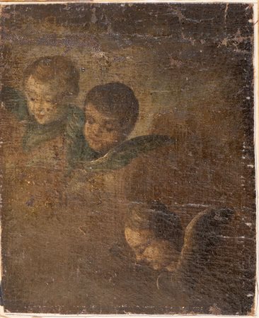 Maestro del XVIII secolo. "Frammento con angeli". Olio su tela applicata su...