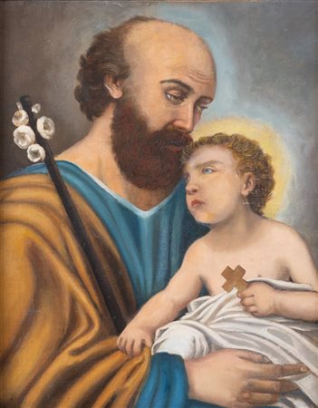 Maestro del XX secolo. "San Giuseppe con Bambino". Olio su tela. Cm 58,5x47.