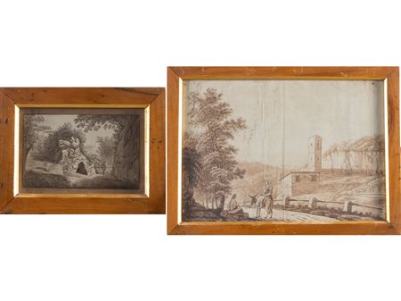 Maestro del XIX secolo. Lotto composto da una coppia di disegni. "Parco...