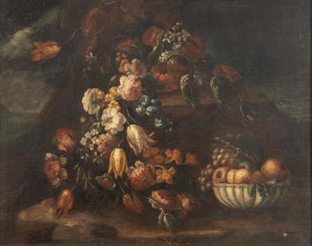 Maestro del XVIII secolo. "Natura morta con fiori e frutta". Olio su tela. Cm...