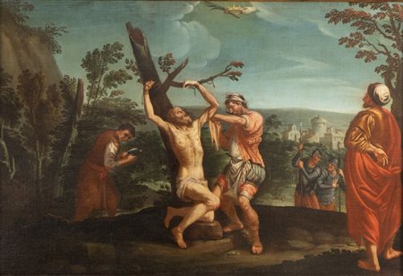 Maestro del XVII secolo. "Martirio di San Bartolomeo". Olio su tela. Cm 76x115.