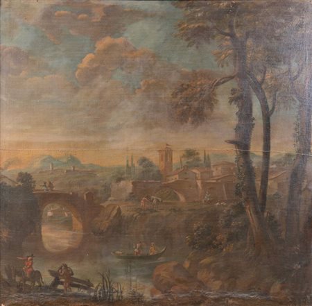 Maestro del XVIII secolo. "Paesaggio fluviale con figure". Olio su tela. Cm...