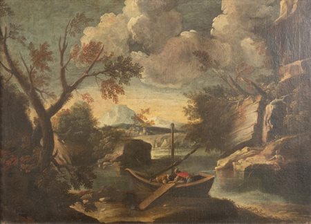 Ambito di Salvator Rosa, XVII secolo. "Paesaggio fluviale con figure". Olio...