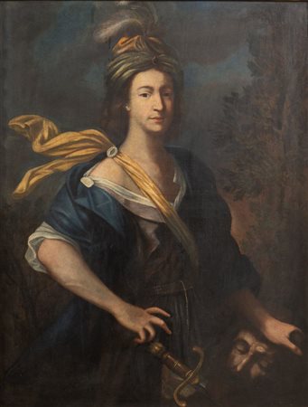 Maestro del XVII secolo. "Davide e Golia". Olio su tela. Cm 121x91.