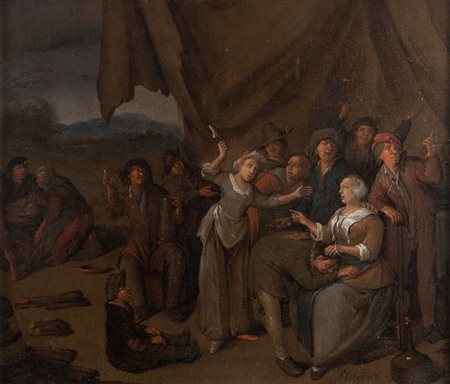 JAN MIENSE MOLENAER (Haarlem 1610 - 1668) "Gioco del guanciale d'oro". Olio...