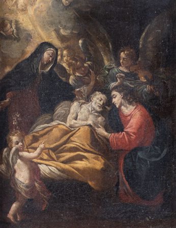 Maestro bolognese del XVIII secolo. "Morte di Giuseppe". Olio su tela. Cm...