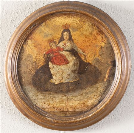 Maestro del XVII secolo. "Madonna con bambino in gloria". Olio su tavola. Ø:...
